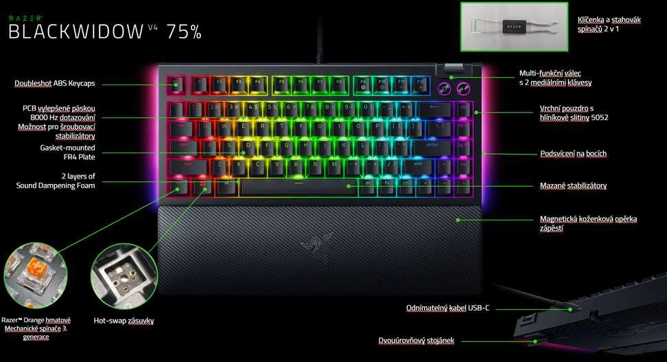 Razer | BlackWidow V4 75% | Mechaninė klaviatūra žaidimams | su laidu | US | Juodas