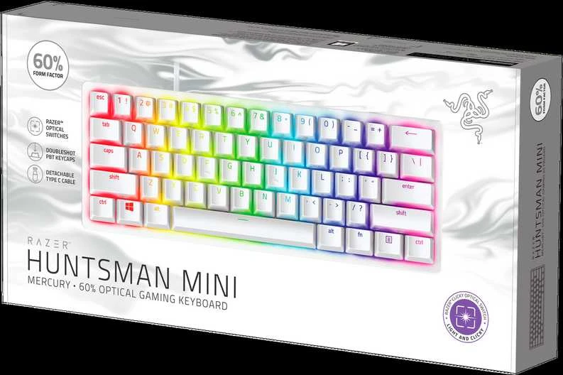 60% Mechaninė Žaidimų klaviatūra Razer Huntsman Mini Mercury Edition, Clicky Optical Switch (Purple), US išdėstymas