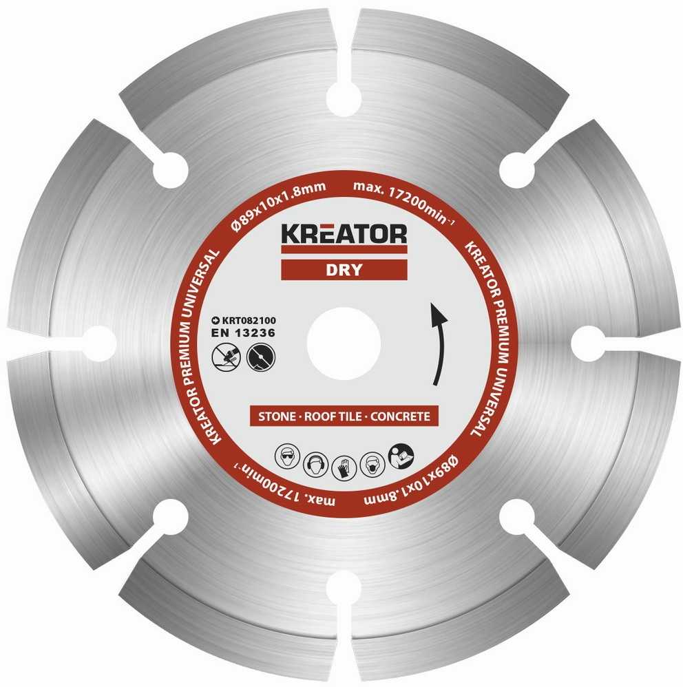 Kreator KRT082100 deimantinis pjovimo diskas, Ø89mm, 10mm anga, 1,8mm pjūvis, 6 segmentai, 17200 aps/min, sausas pjovimas