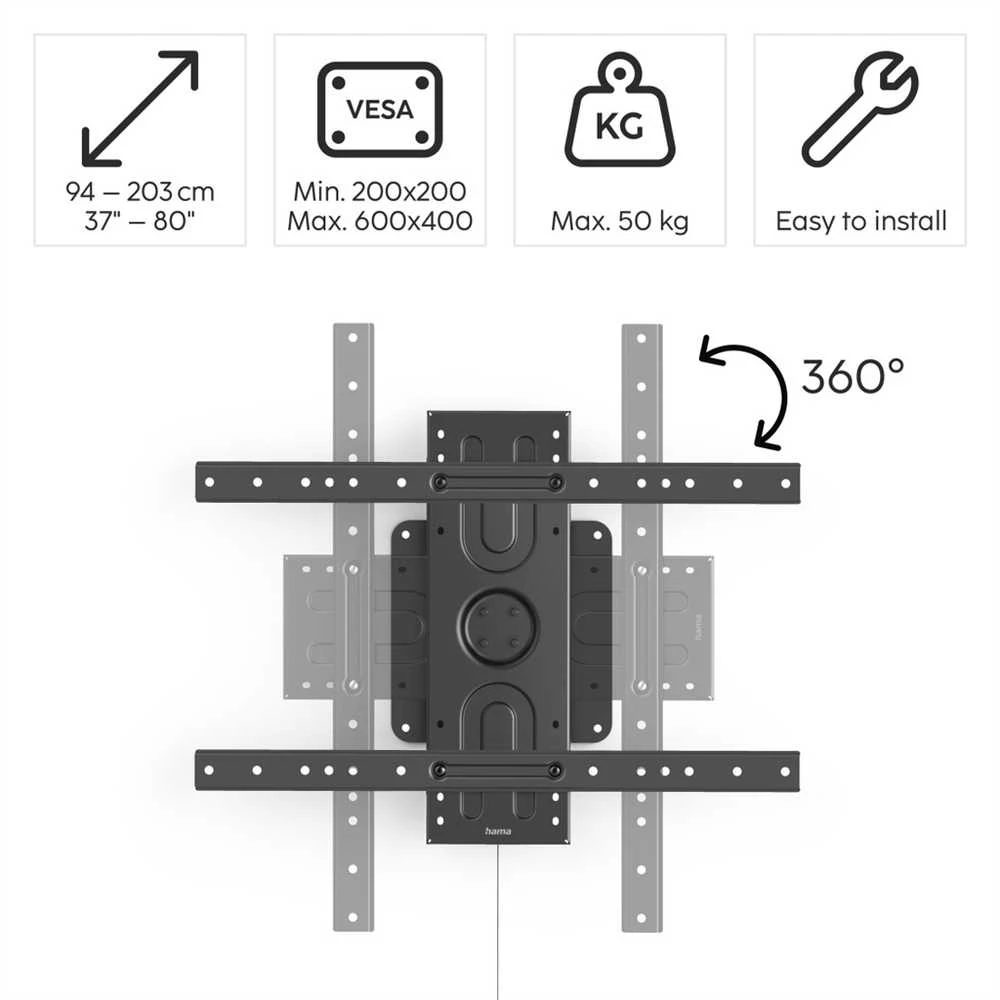 Laikiklis Hama UCHWYT DO TV Z ROTACJĄ 360° PION/POZIOM, VESA 600X400 (80“), MAX 50 KG