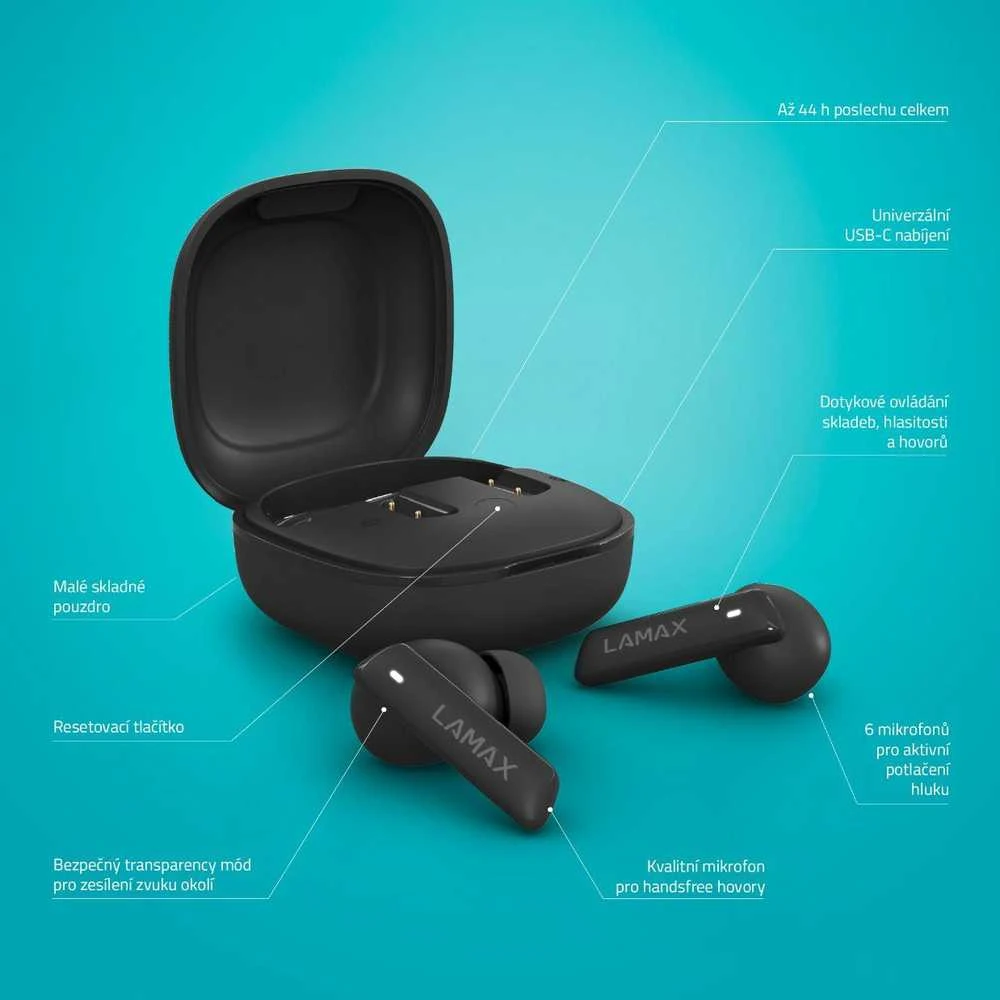 Ausinės Lamax Clips1 ANC Laisvų rankų įranga Bevielis Įkišamos į ausį Skambučiai / muzika C tipo USB Bluetooth Juoda