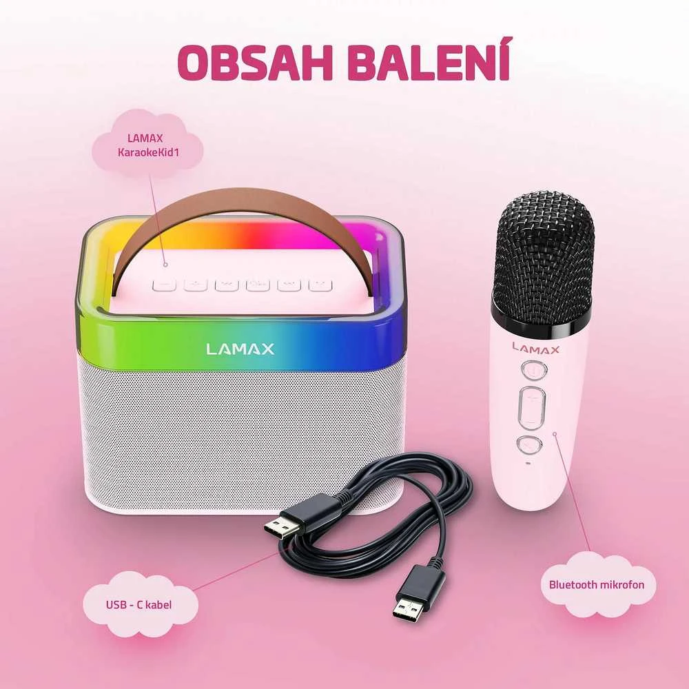 LAMAX KaraokeKid1 nešiojama kolonėlė su mikrofonu rožinės spalvos