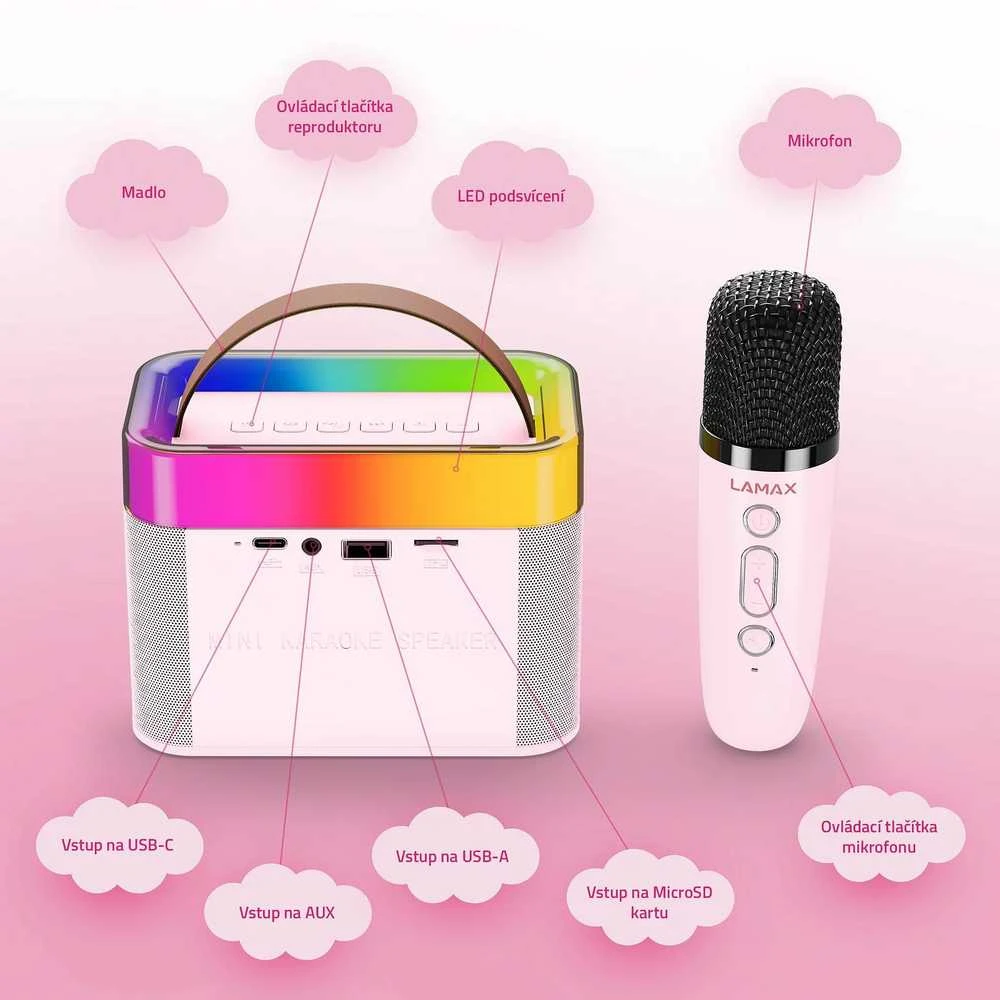 LAMAX KaraokeKid1 nešiojama kolonėlė su mikrofonu rožinės spalvos