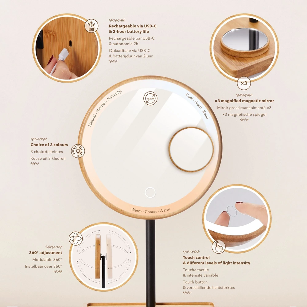 Vaizdą didinantis veidrodis (X1/X3) su LED apšvietimu Lanaform Bamboo Mirror