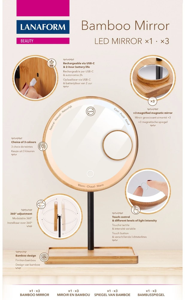 Vaizdą didinantis veidrodis (X1/X3) su LED apšvietimu Lanaform Bamboo Mirror