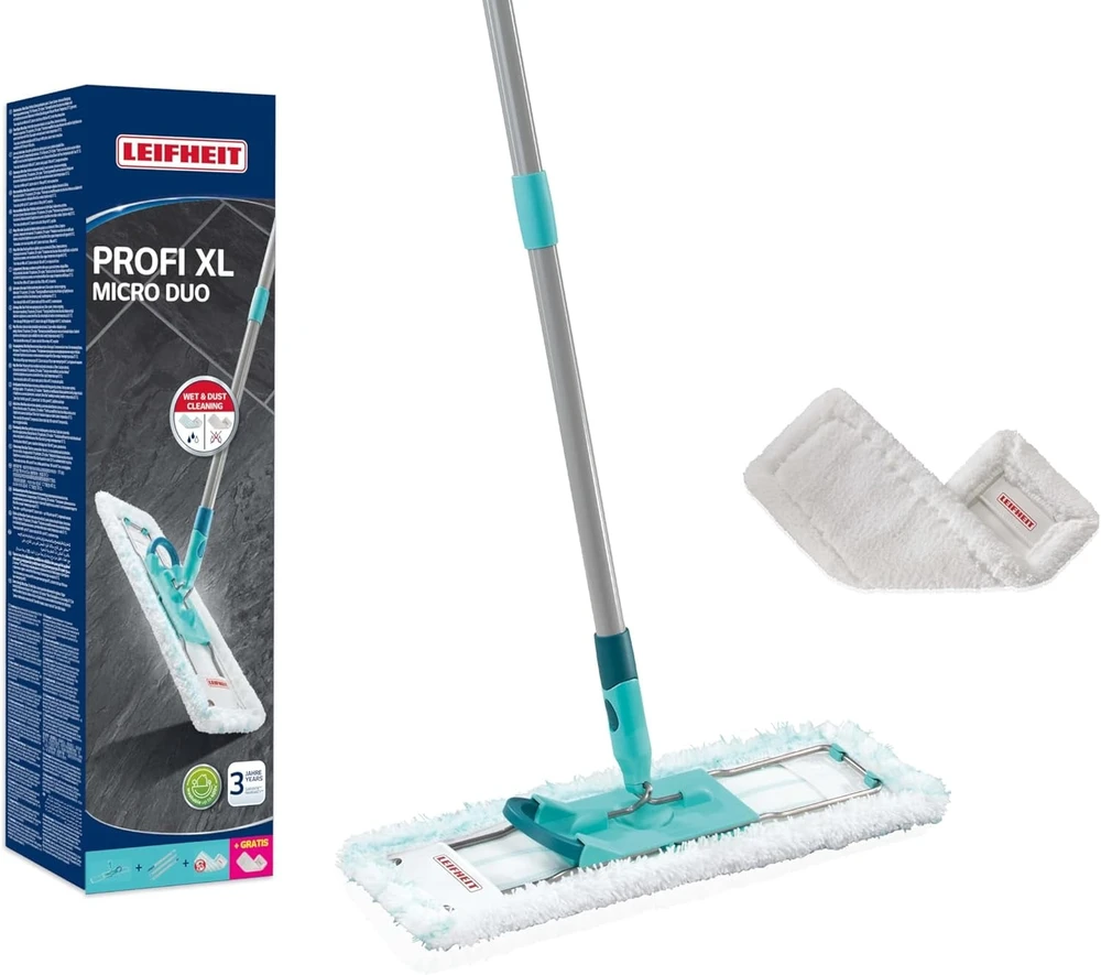 Leifheit grindų šepetys su sulankstoma rankena dėžutėje Profi XL micro duo 42cm + pakaitinė šluostė Profi XL Superduster 42cm