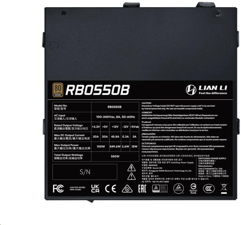 Lian Li RB serijos 80 PLUS Bronze maitinimo šaltinis, pusiau modulinis, ATX 3.1 "550 W", juodas