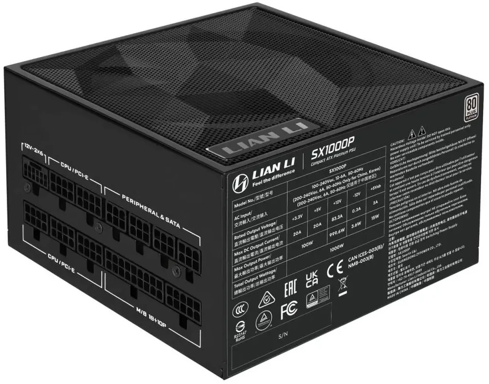 „Lian Li SX“ serijos „80 PLUS Platinum“ maitinimo šaltinis, pilnai modulinis, PCIe 5.1, ATX 3.1 × 1000 vatų, juodas