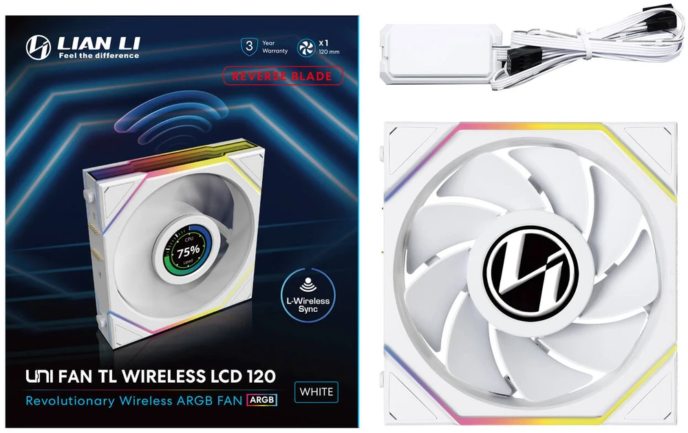 Lian Li UNI FAN TL Wireless LCD korpuso ventiliatorius, ARGB, PWM – Reverse Blade, 120 mm, baltos spalvos