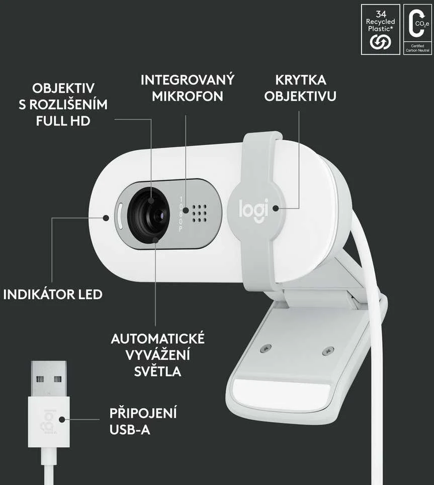 Internetinė kamera Logitech BRIO 100, baltos spalvos