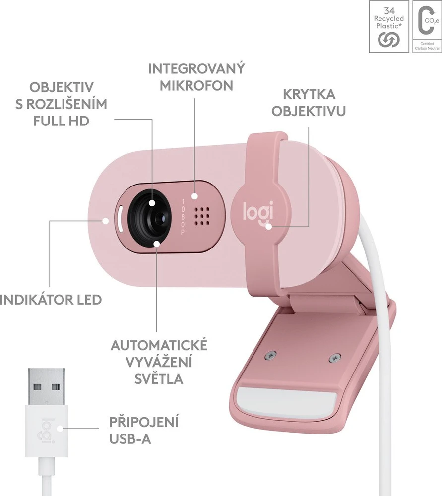 Internetinė kamera Logitech BRIO 100, rožinės spalvos