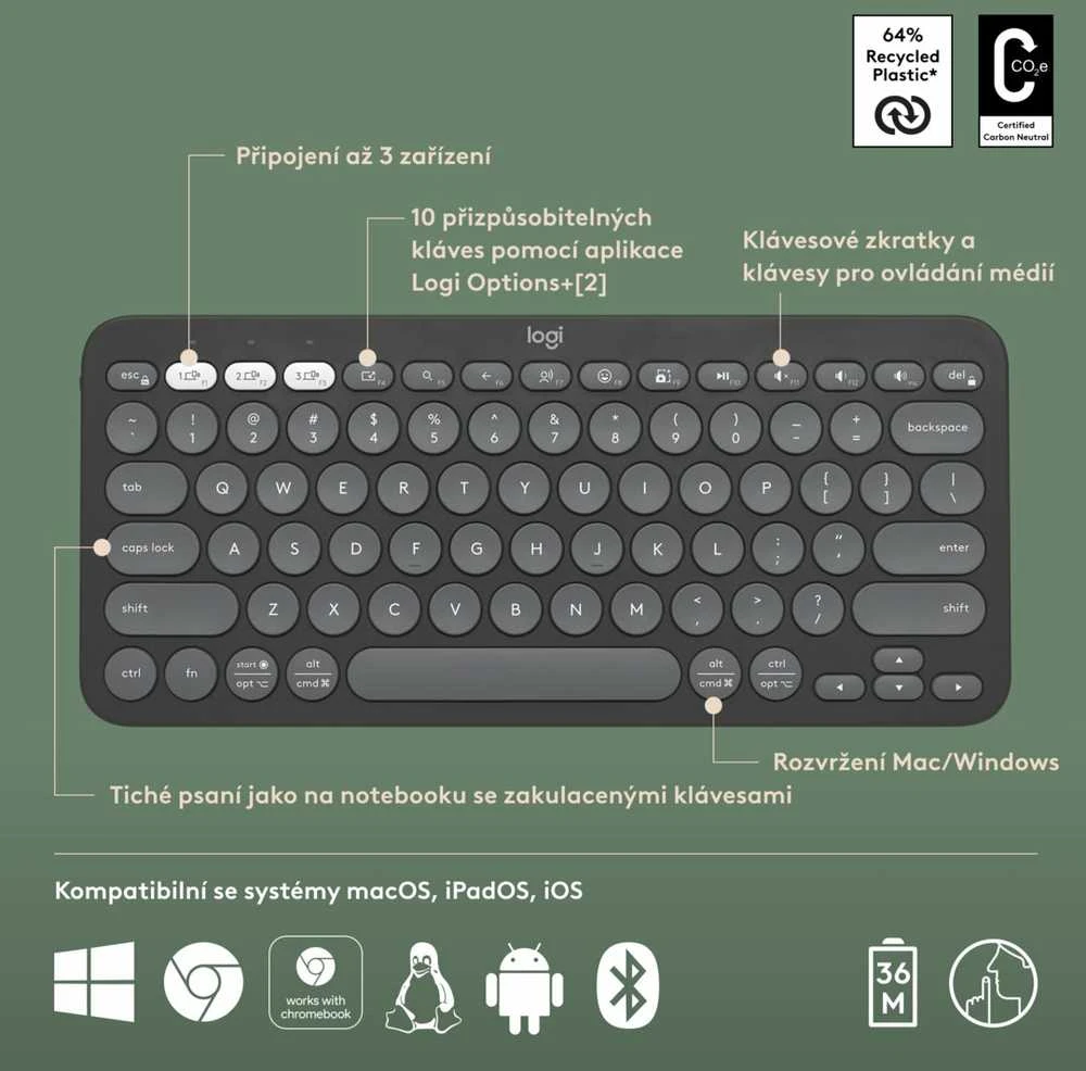 Belaidė klaviatūra Logitech PEBBLE KEYS 2 K380S, Grafito spalvos, Išdėstymas: US tarptautinis (Qwerty)