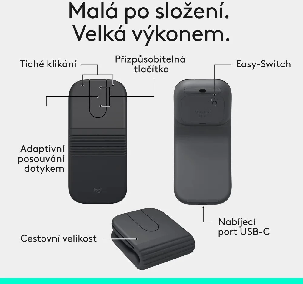 Logitech Mobi Fold kompiuterinė pelė Kelioninis Abiems rankoms RD belaidis ryšys + „Bluetooth“ Optinis 4000 DPI
