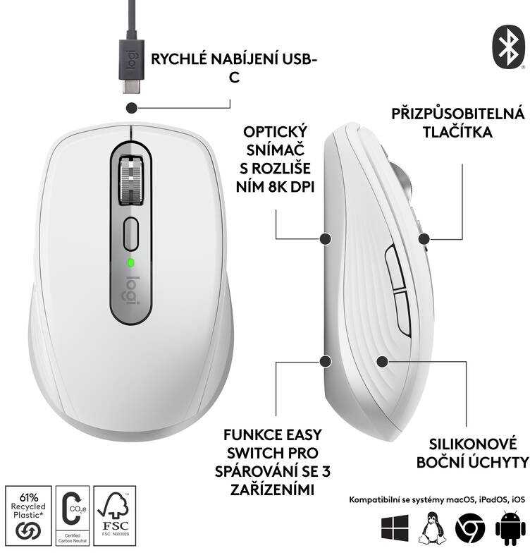 Belaidė pelė Logitech MX Anywhere 3S - RF belaidė + Bluetooth, lazerinis, 8000 DPI, Pale Pilkas (Baltas)