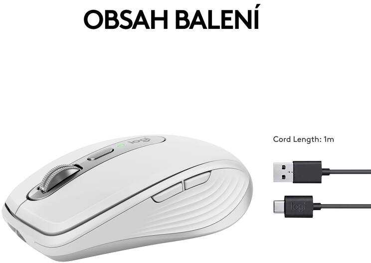 Belaidė pelė Logitech MX Anywhere 3S - RF belaidė + Bluetooth, lazerinis, 8000 DPI, Pale Pilkas (Baltas)