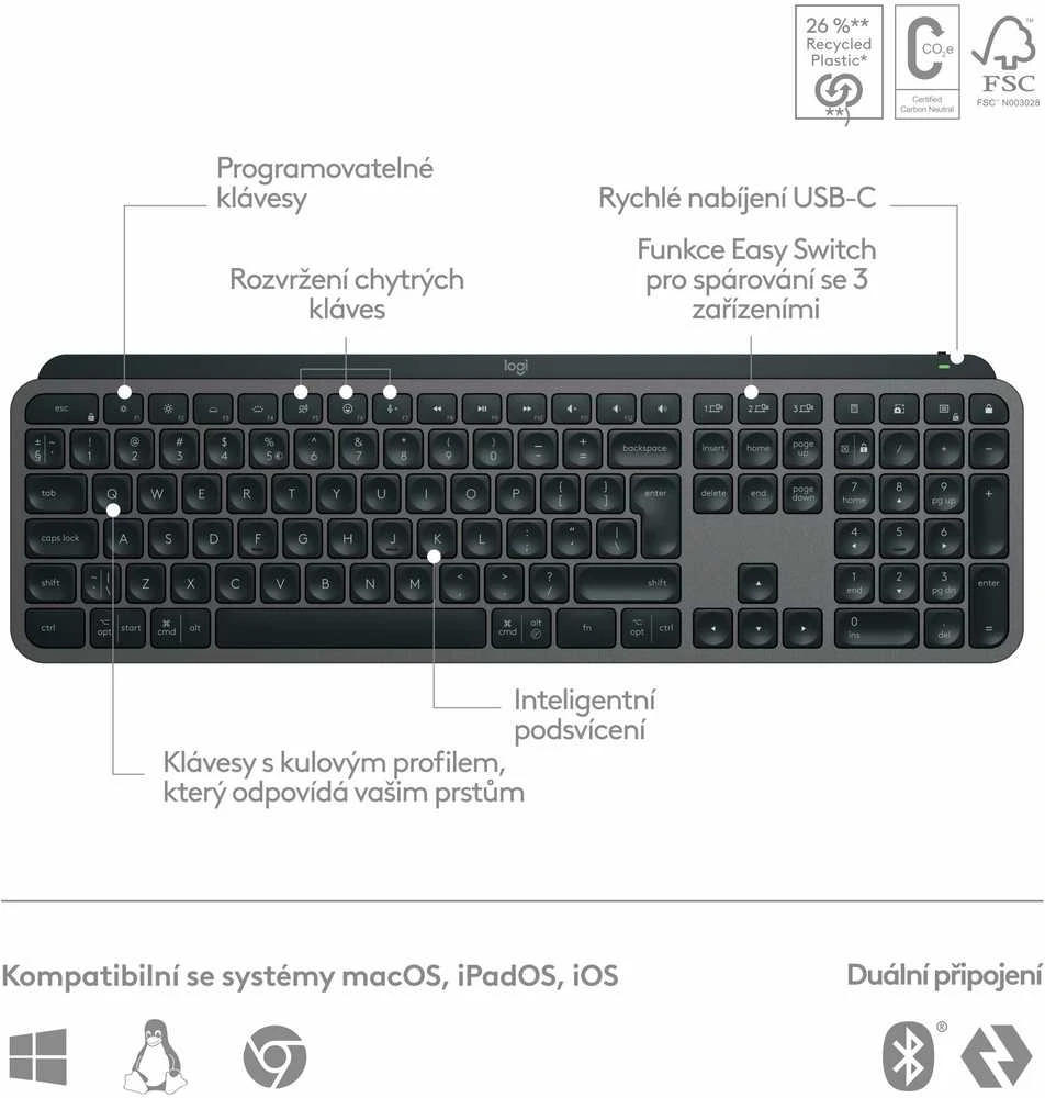 Belaidė klaviatūra Logitech MX Keys S, Išdėstymas: Čekų k. (Qwertz)