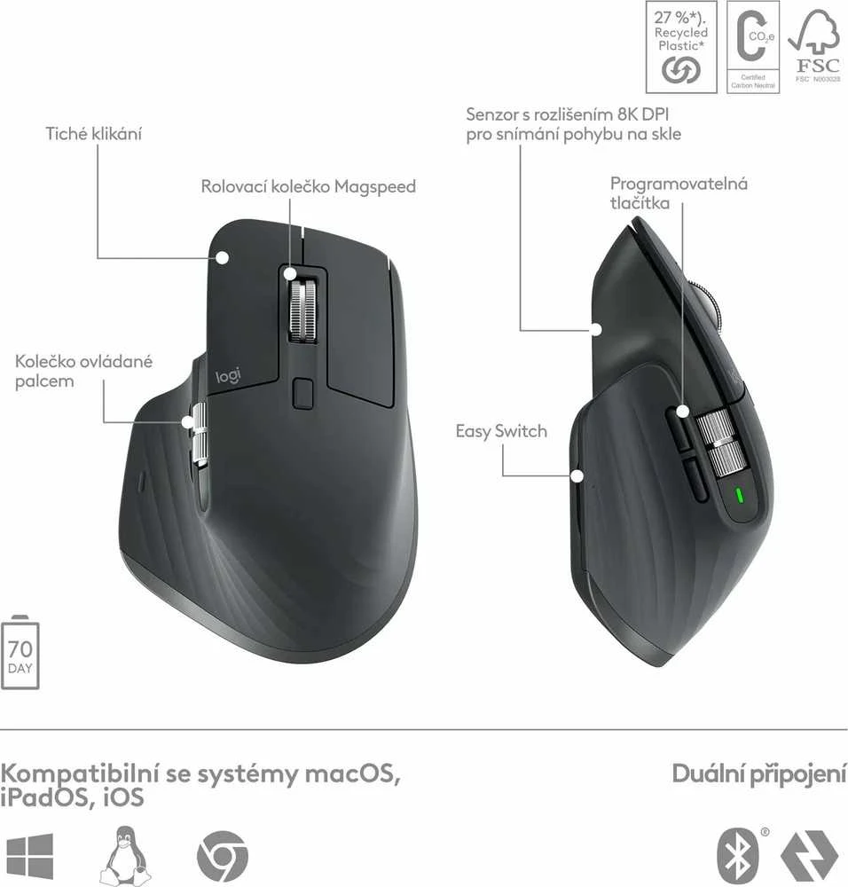 Belaidė klaviatūra ir pelė + Atrama riešui Logitech MX Keys S Combo, Graphite