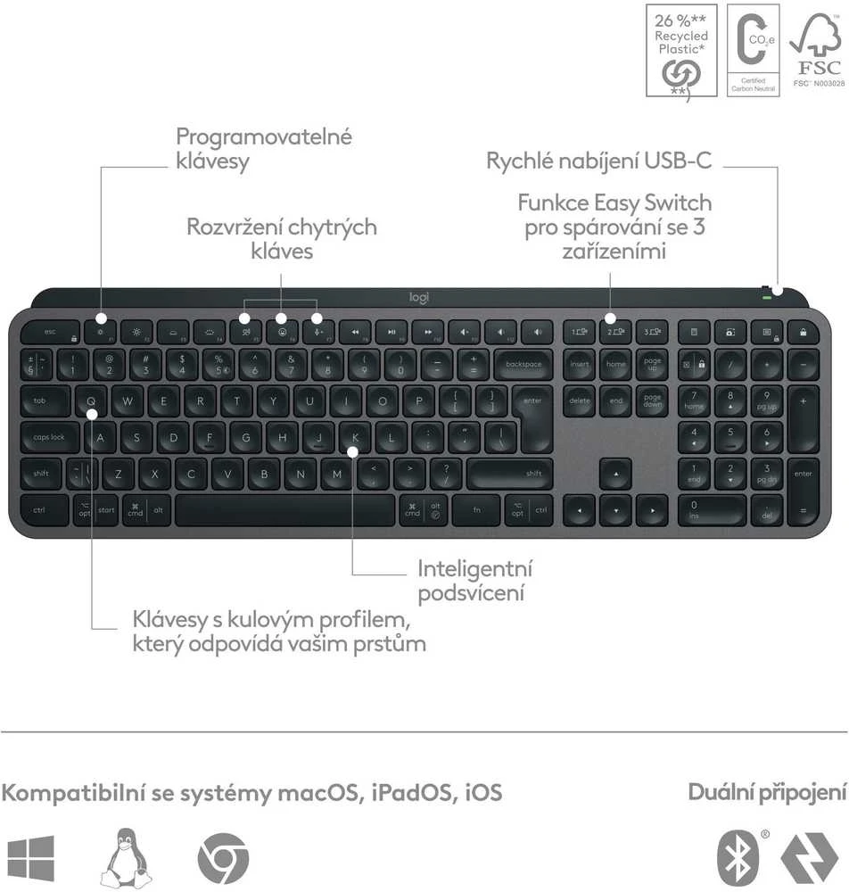Belaidė klaviatūra Logitech MX Keys S, Išdėstymas: Čekų k. (Qwertz)