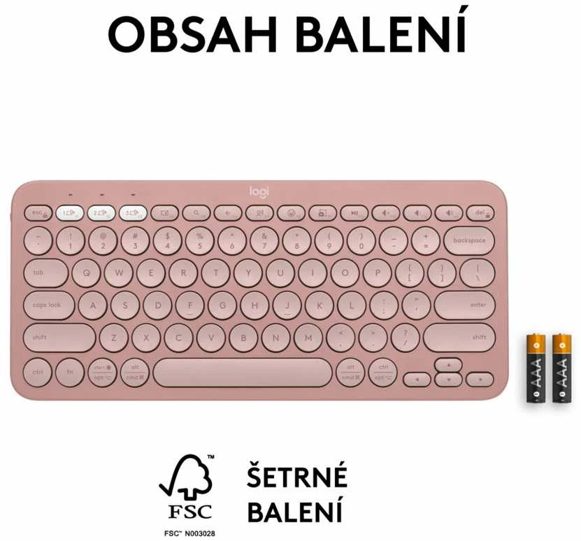 Belaidė klaviatūra Logitech PEBBLE KEYS 2 K380S, Rožinės spalvos, Išdėstymas: US tarptautinis (Qwerty)