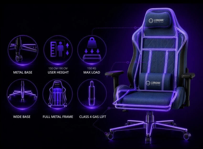 LORGAR CHA41, Ergonomic Gaming Chair Advanced, premium anti-stain fabric, Juodas/violetinė