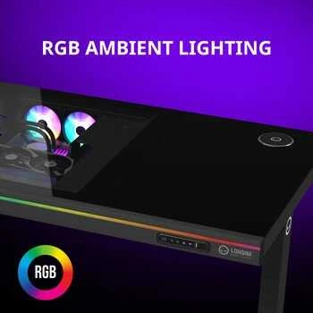 Lorgar Dviejų variklių reguliuojamo aukščio žaidimų stalas, sėdimas/stovintis, su įmontuotu kompiuterio korpusu, belaidžiu įkrovikliu, RGB apšvietimu, valdymo pultu ir USB jungtimis, PB melamino stalviršis, juodas.