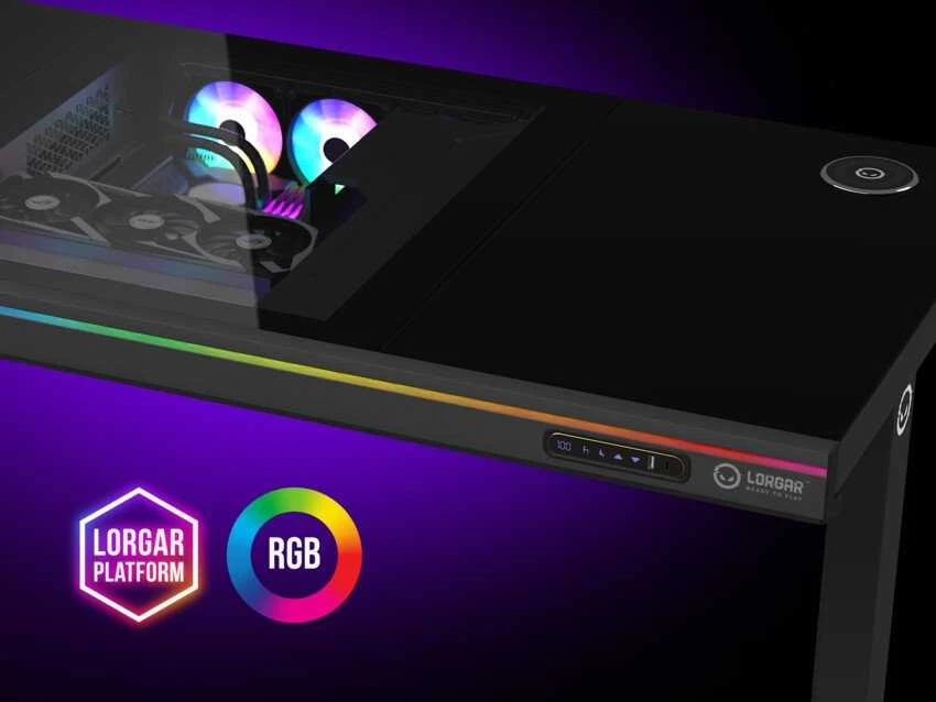 Lorgar Dviejų variklių reguliuojamo aukščio žaidimų stalas, sėdimas/stovintis, su įmontuotu kompiuterio korpusu, belaidžiu įkrovikliu, RGB apšvietimu, valdymo pultu ir USB jungtimis, PB melamino stalviršis, juodas.