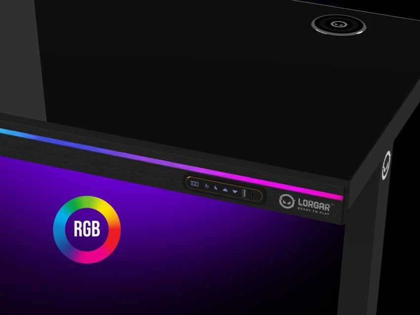 Lorgar Dviejų variklių reguliuojamo aukščio žaidimų stalas su sėdima/stovima funkcija, belaidžiu įkrovikliu, RGB apšvietimu, valdymo pultu ir USB jungtimis, tvirtu grūdinto stiklo stalviršiu, juodas.