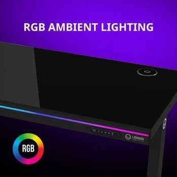 Lorgar Dviejų variklių reguliuojamo aukščio žaidimų stalas su sėdima/stovima funkcija, belaidžiu įkrovikliu, RGB apšvietimu, valdymo pultu ir USB jungtimis, tvirtu grūdinto stiklo stalviršiu, juodas.