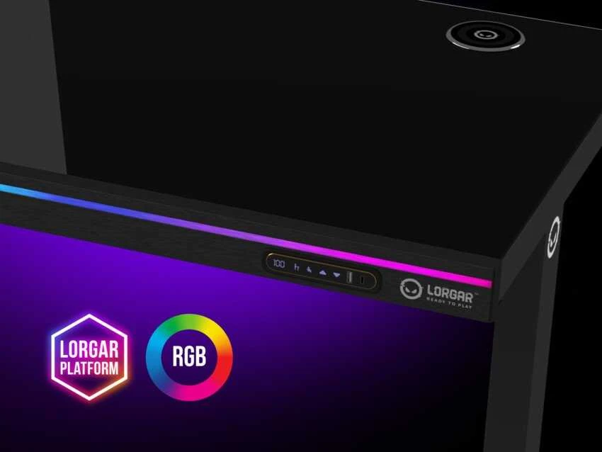 Lorgar Dviejų variklių reguliuojamo aukščio žaidimų stalas su sėdima/stovima funkcija, belaidžiu įkrovikliu, RGB apšvietimu, valdymo pultu ir USB jungtimis, tvirtu grūdinto stiklo stalviršiu, juodas.