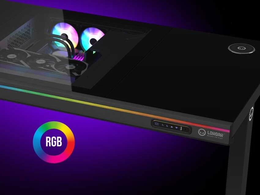Lorgar Dviejų variklių reguliuojamo aukščio žaidimų stalas su sėdima/stovima funkcija, įmontuotu kompiuterio korpusu, belaidžiu įkrovikliu, RGB apšvietimu, valdymo pultu ir USB jungtimis, grūdinto stiklo stalviršiu, juodu.