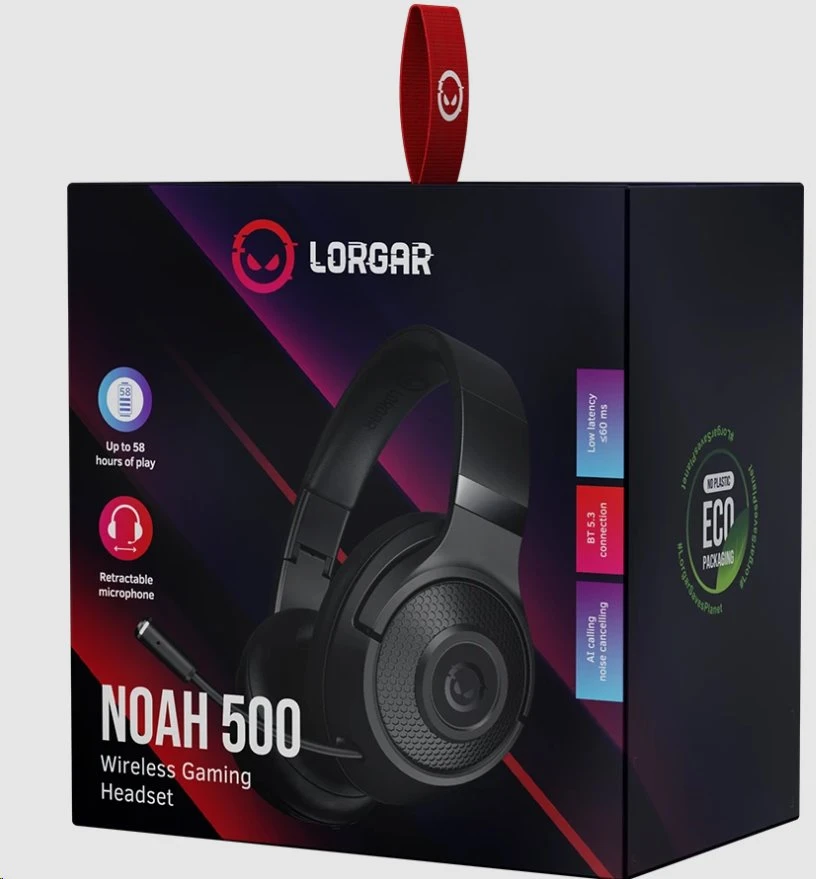 LORGAR Noah 500, Belaidės Žaidimų ausinės su mikrofonu, JL7006, BT 5.3, battery life iki 58 h (1000mAh), USB (C) charging kabelis (0.8m), 3.5 mm AUX kabelis (1.5m), size: 195*185*80mm, 0.24kg, juodas