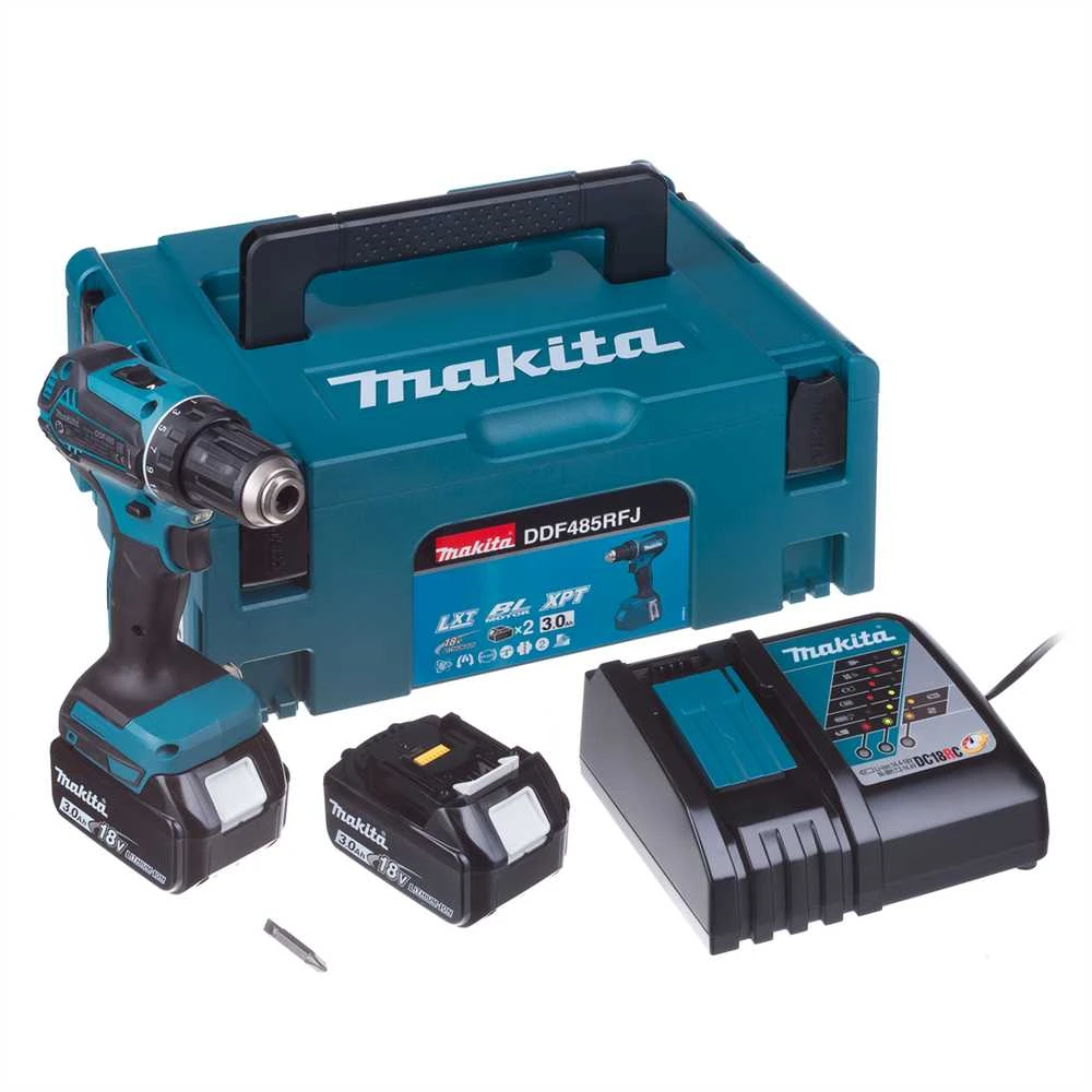 Makita DDF485RFJ Akumuliatorinis gręžtuvas, 18 V, 2x 3,0 Ah Li-ion, 50/25 Nm, 1,7kg, LED, BL-motor, MAKPACK