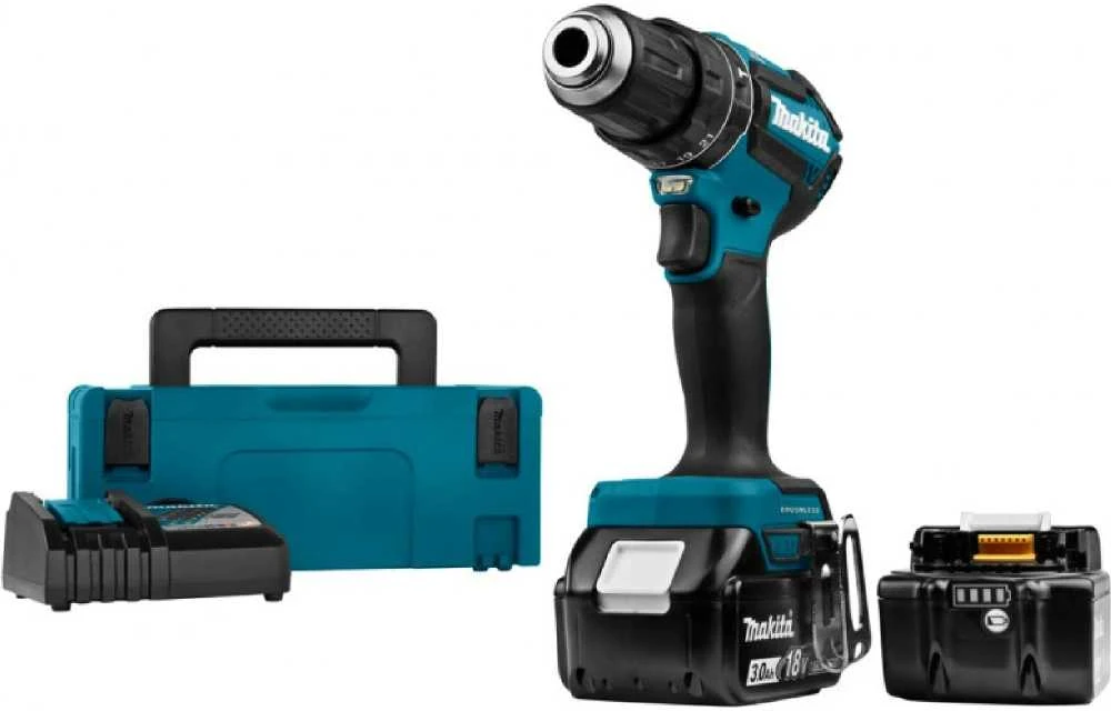 Makita DHP485RFJ Akumuliatorinis smūginis gręžtuvas, 18 V, 2x 3,0 Ah Li-ion, 50/25 Nm, 1,7kg, LED, BL-motor, MAKPACK