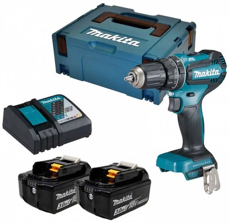 Makita DHP485RFJ Akumuliatorinis smūginis gręžtuvas, 18 V, 2x 3,0 Ah Li-ion, 50/25 Nm, 1,7kg, LED, BL-motor, MAKPACK