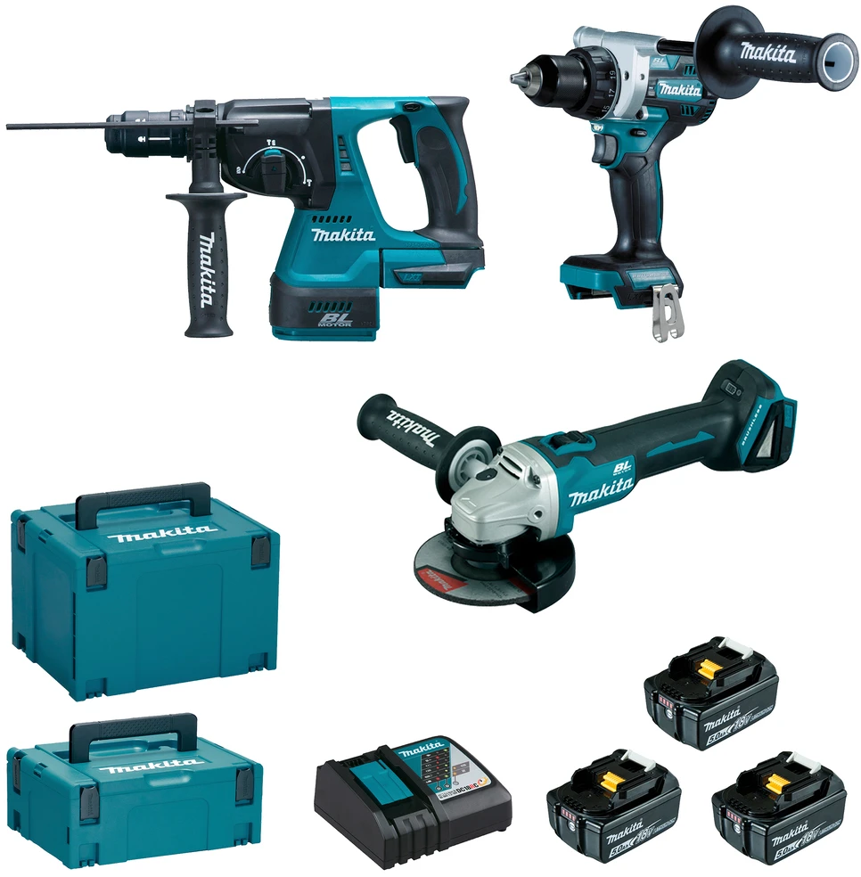 MAKITA KOMPLEKTAS COMBO 18V DLX3202TJ (DHP492, DGA506, DHR243) 3×5,0Ah 2xMP