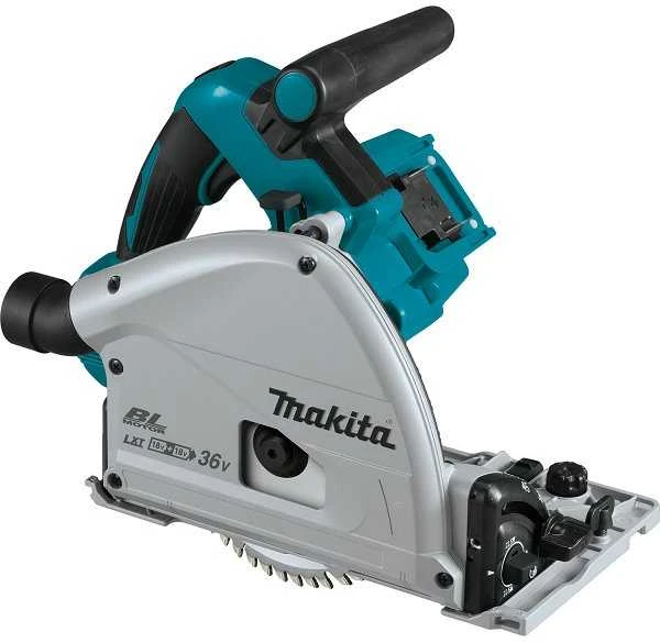 Makita DSP601ZJU Akumuliatorinis diskinis pjūklas, 56 mm, 165x20 mm, 2X18V, pjovimas kampu nuo -1° iki +48°, Bluetooth!!! lagaminas