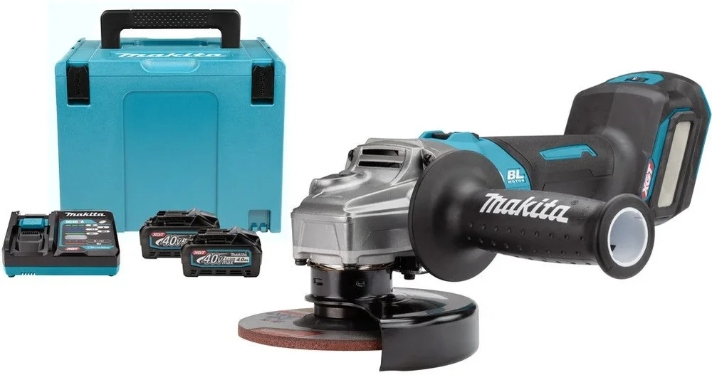 Makita GA023GM201 Kampinis šlifuoklis XGT, 125MM, 0-8500RPM; bešepetėlinis variklis, 2X4,0Ah; greitasis kroviklis; elektrinis stabdys; AFT; AWS (be AWS lusto); MAKPAC lagaminas; slankusis jungiklis, reguliuojamas greitis