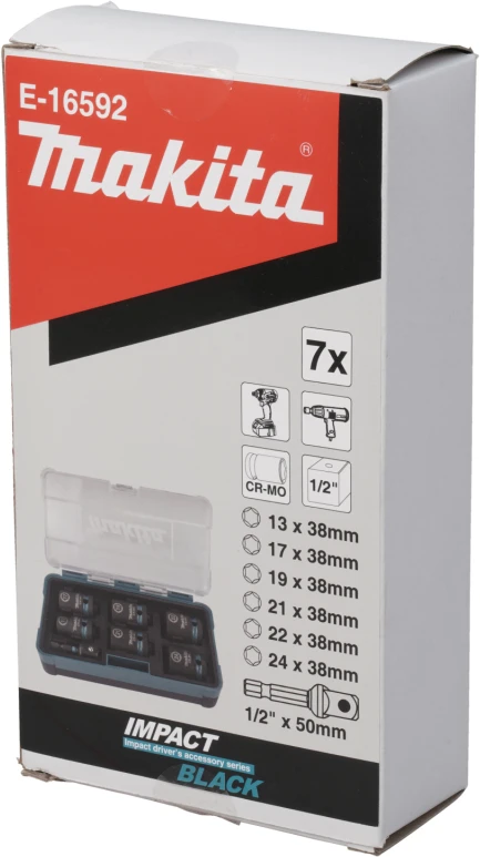 Makita E-16592 Smūginių sukimo galvų komplektas 7 vnt. 1/2''x 38mm ( 13, 17, 19, 21, 22, 24mm) + Adapteris 1/2"x50mm