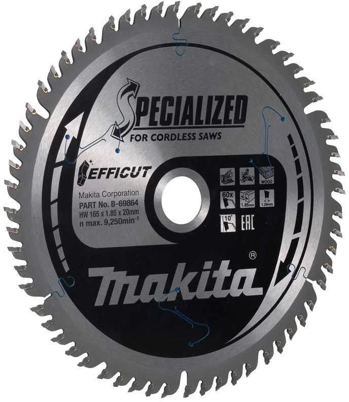 Makita T.C.T. pjūklas EFFICUT 165X1.85X20mm 10° T60 B-69864 T.C.T • 165 x20 mm • T60 • 10° • Medienai