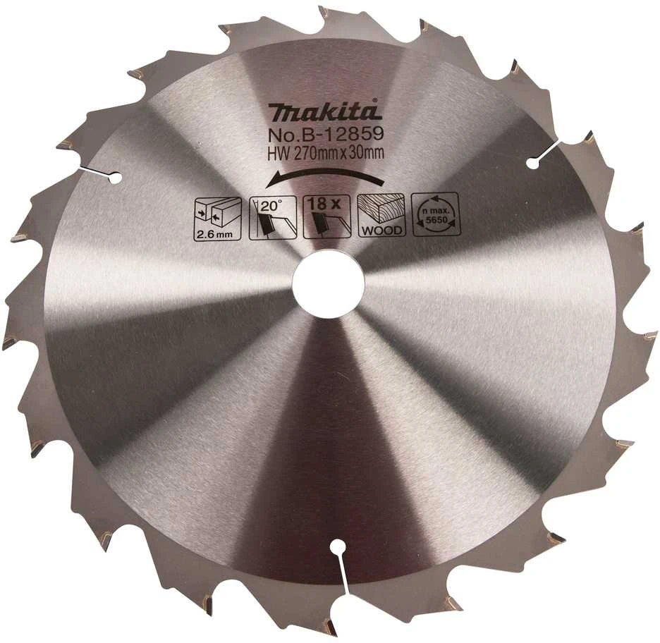 Makita T.C.T. pjūklas 270X2.6X30mm 20° T18 B-12859 T.C.T • 270 x30 mm • T18 • 20° • Medienai