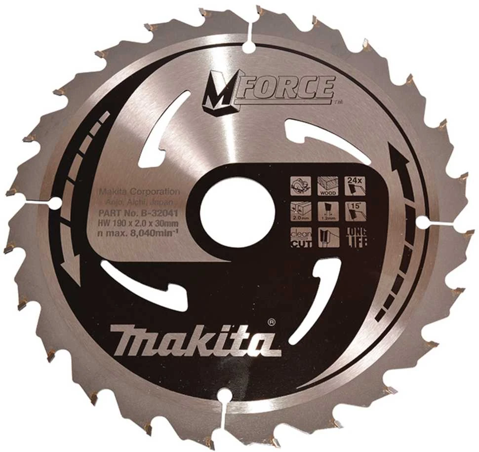 Makita T.C.T. pjūklas M-FORCE 190X2X30mm 15° T24 B-32041 T.C.T • 190 x30 mm • T24 • 15° • Medienai