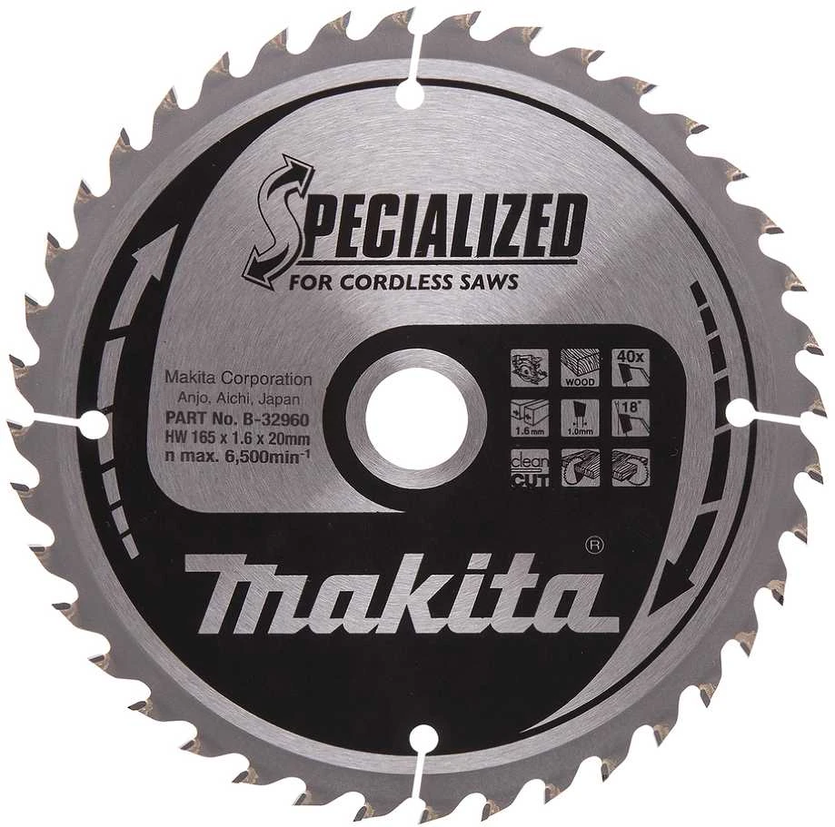 Makita T.C.T. pjūklas SPECIALIZED 165X1.6X20mm 18° T40 B-32960 T.C.T • 165 x20 mm • T40 • 18° • Medienai