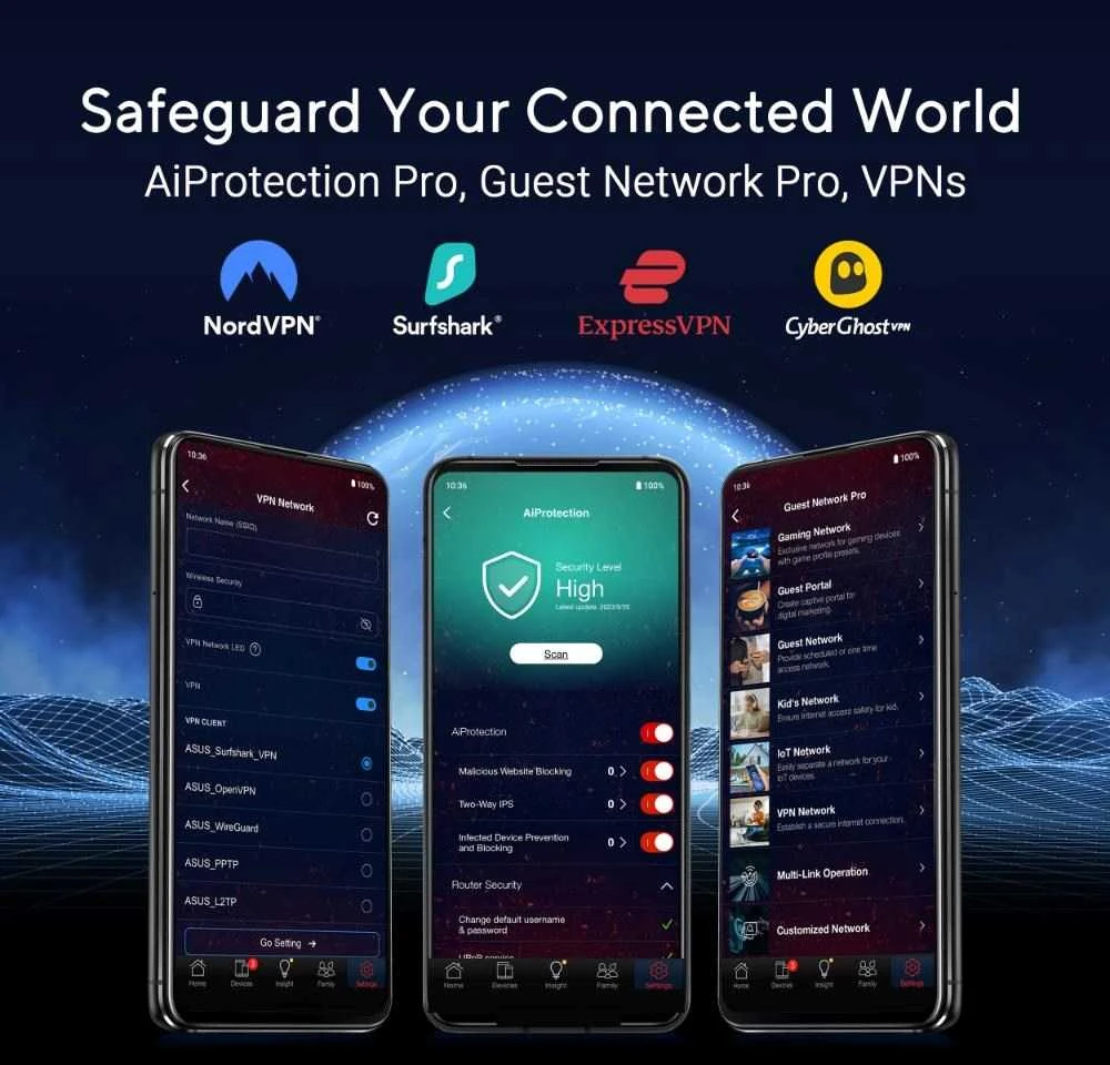 Asus | „WiFi 7“ trijų dažnių žaidimų maršrutizatorius | ROG Rapture GT-BE19000 | 802.11ax | 10/100/1000 Mbit/s | Ethernet LAN (RJ-45) jungtys 1 | Mesh palaikymas: Taip | MU-MiMO: Taip | 4G/5G | Antenos tipas: Išorinė