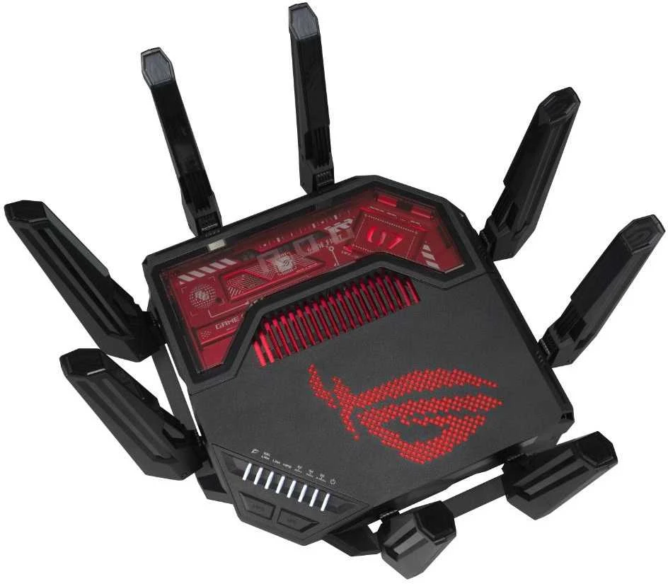 Asus | „WiFi 7“ trijų dažnių žaidimų maršrutizatorius | ROG Rapture GT-BE19000 | 802.11ax | 10/100/1000 Mbit/s | Ethernet LAN (RJ-45) jungtys 1 | Mesh palaikymas: Taip | MU-MiMO: Taip | 4G/5G | Antenos tipas: Išorinė