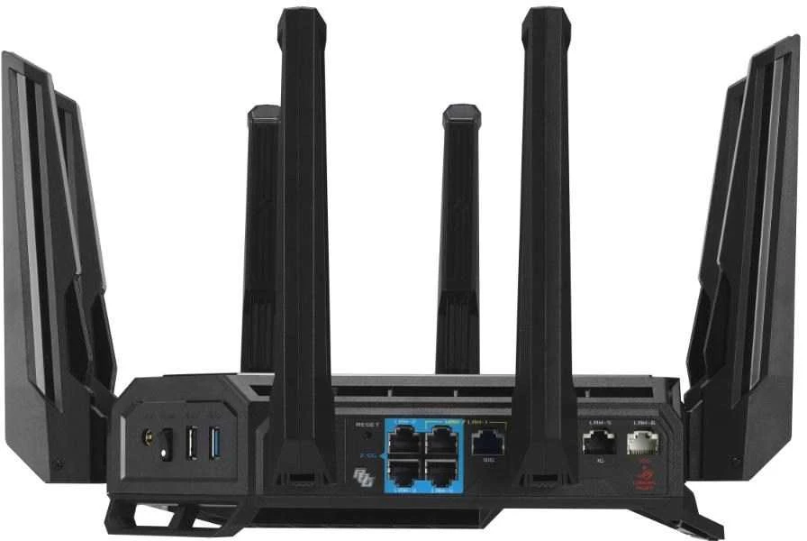 Asus | „WiFi 7“ trijų dažnių žaidimų maršrutizatorius | ROG Rapture GT-BE19000 | 802.11ax | 10/100/1000 Mbit/s | Ethernet LAN (RJ-45) jungtys 1 | Mesh palaikymas: Taip | MU-MiMO: Taip | 4G/5G | Antenos tipas: Išorinė