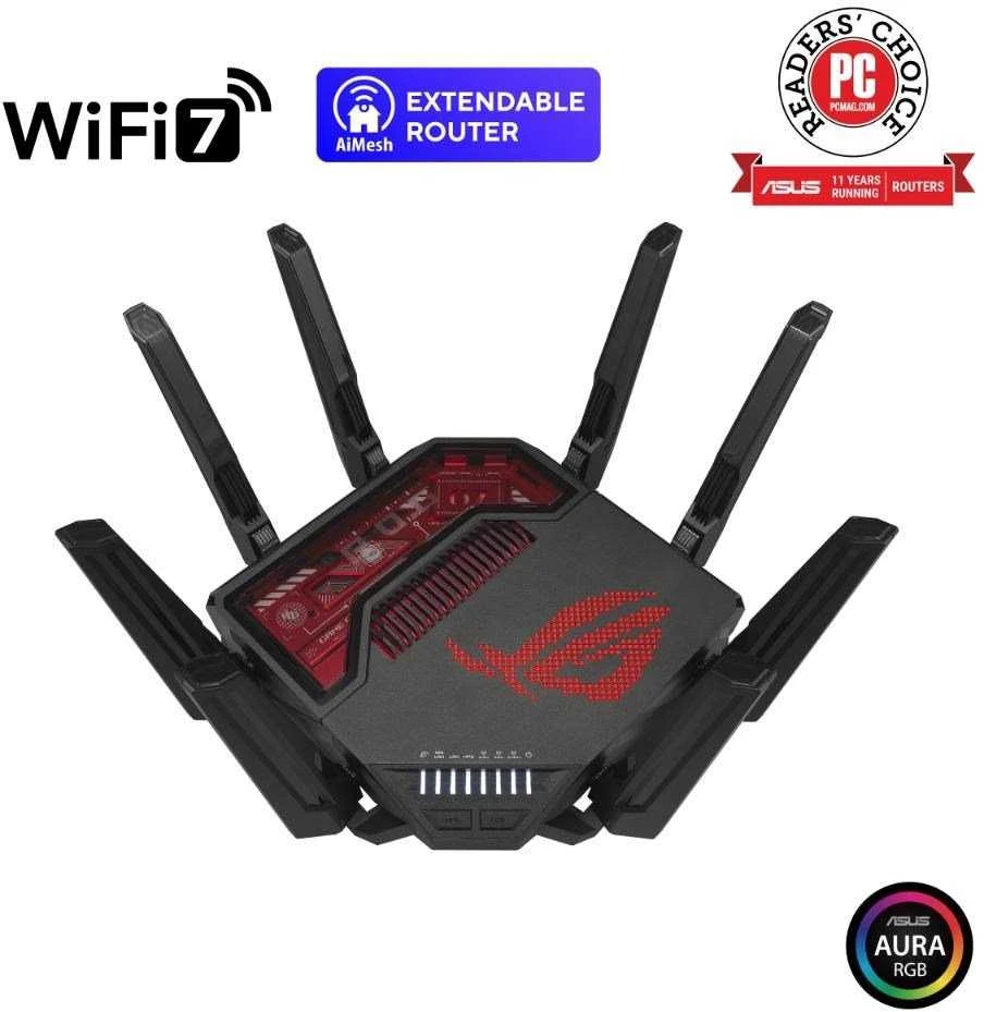 Asus | „WiFi 7“ trijų dažnių žaidimų maršrutizatorius | ROG Rapture GT-BE19000 | 802.11ax | 10/100/1000 Mbit/s | Ethernet LAN (RJ-45) jungtys 1 | Mesh palaikymas: Taip | MU-MiMO: Taip | 4G/5G | Antenos tipas: Išorinė