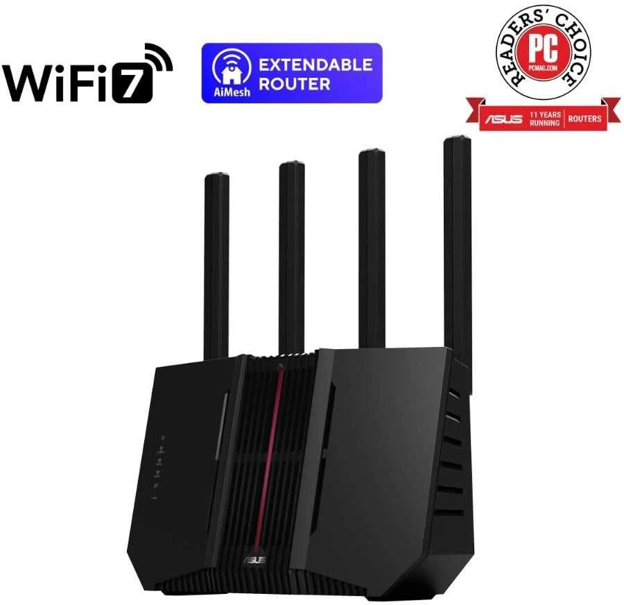 Asus | Trijų dažnių WiFi 7 maršrutizatorius | RT-BE92U BE9700 | 802.11be | 5764 Mbit/s | 2500 Mbit/s | Ethernet LAN (RJ-45) jungtys 5 | Mesh palaikymas: Taip | MU-MiMO: Taip | 4G/5G | Antenos tipas: Išorinė antena | 1