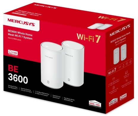 Maršrutizatorius Mercusys MERCUSYS Halo E27BE(2-pack) WiFi7 Mesh (BE3600,2,4GHz/5GHz,1x2,5GbELAN/WAN,2xGbELAN/WAN)
