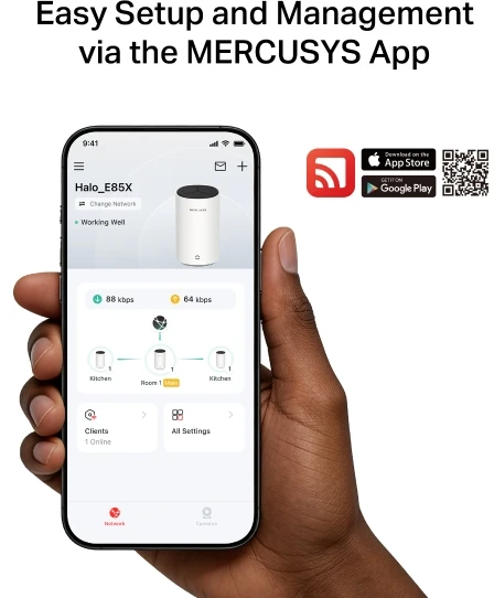 Maršrutizatorius Prieigos taškas „Mercusys Halo E85X“ (2 vnt. pakuotė) „WiFi6 Mesh“ (AX3000, 2,4 GHz / 5 GHz, 1 x 2,5 GbELAN / WAN, 2 x GbELAN / WAN)