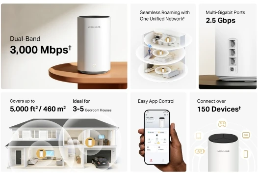 Maršrutizatorius Prieigos taškas „Mercusys Halo E85X“ (2 vnt. pakuotė) „WiFi6 Mesh“ (AX3000, 2,4 GHz / 5 GHz, 1 x 2,5 GbELAN / WAN, 2 x GbELAN / WAN)